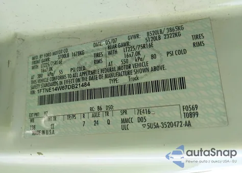 2007 Ford E-150 Commercial/Recreational z USA, uszkodzony, nr VIN 1FTNE14W67DB21484